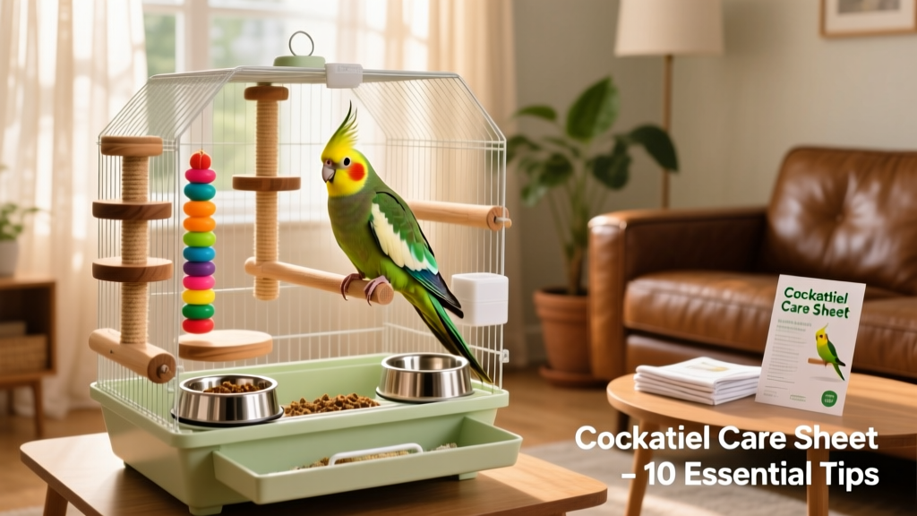 A well-equipped cockatiel cage with perches, toys, food bowls, and a pull-out tray