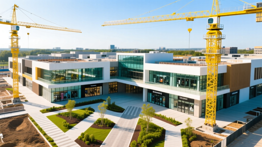 Aerial view of a modern two-story retail mall with glass storefronts and landscaped walkways under active construction with yellow cranes.