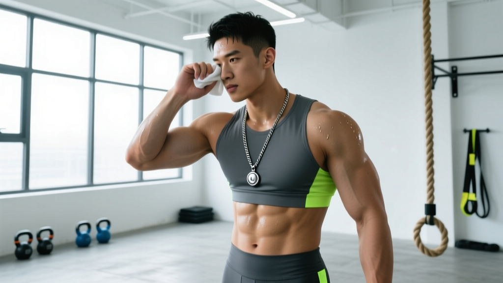 Fit athlete wearing a titanium pendant on a 20-inch cable chain, wiping sweat in a brightly lit modern CrossFit gym environment.