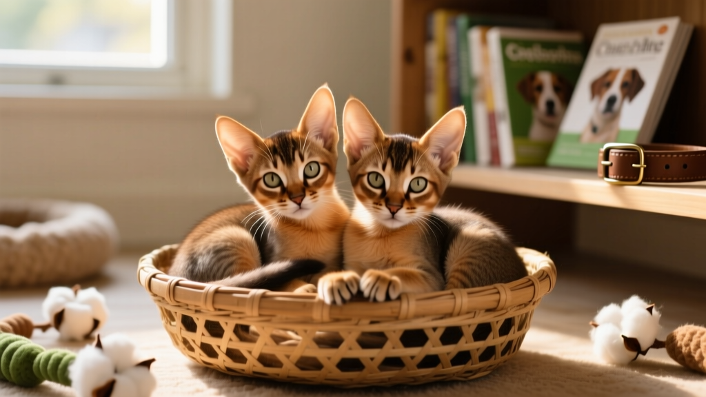 two abyssinian kittens in basket