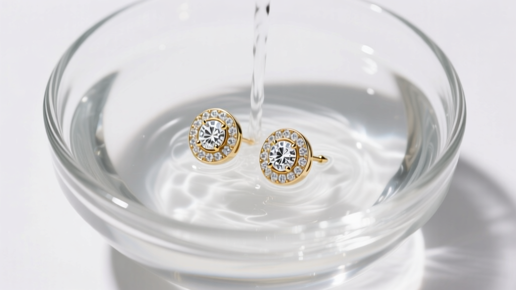 Top-down view of a glass bowl with sterile saline and a pair of 14k white gold diamond circle stud earrings being gently cleaned