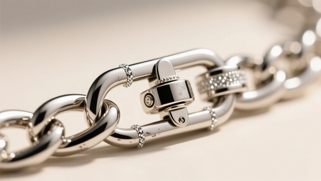 Macro shot of a platinum New York chain box clasp with safety latches, showing laser-welded solder joints under bright lighting.