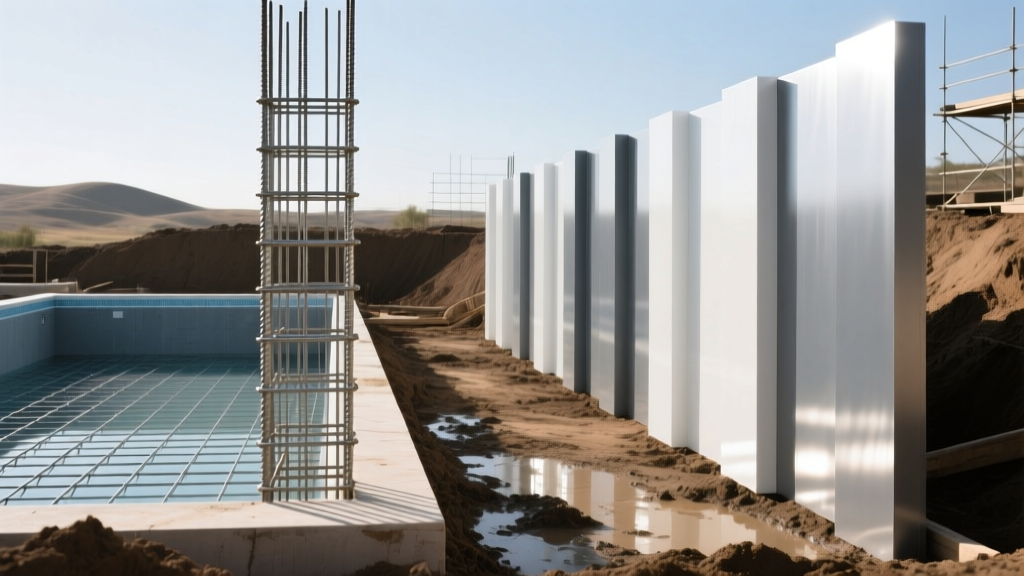 Excavation site showing steel rebar grid for a gunite pool on the left and polymer wall panels for a vinyl pool on the right