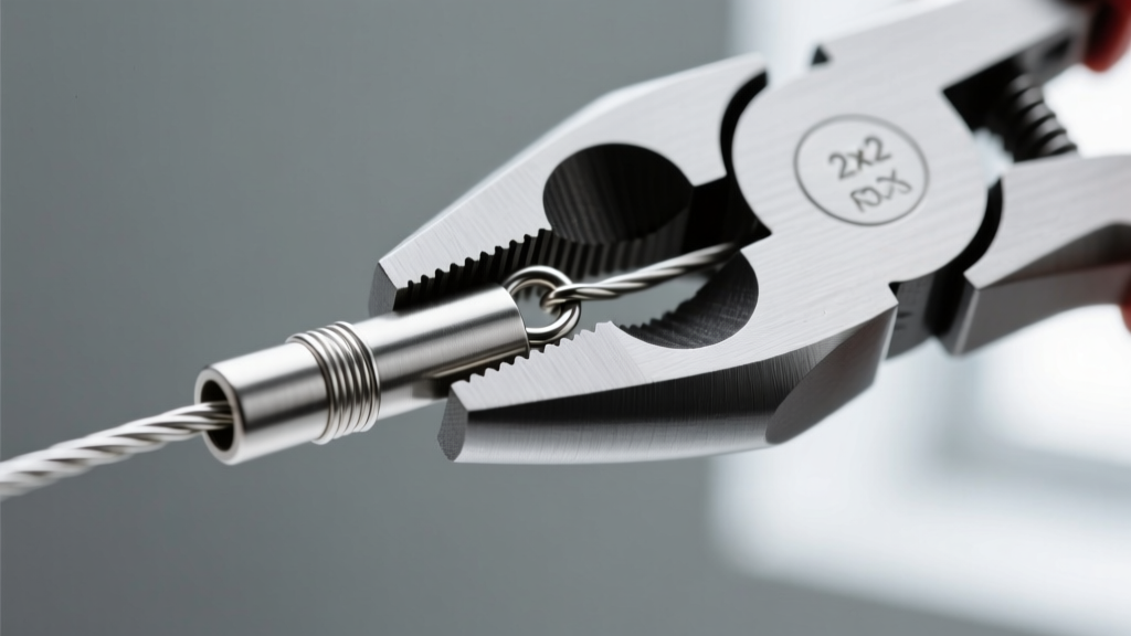 Close-up of crimping pliers squeezing a 2x2mm silver crimp tube onto steel beading wire to secure a delicate silver lobster clasp.