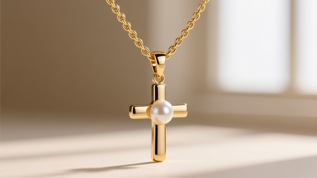 Close-up of a 1.0mm 18k gold box chain threading through a pearl cross pendant bail, showcasing a secure lobster clasp mechanism.