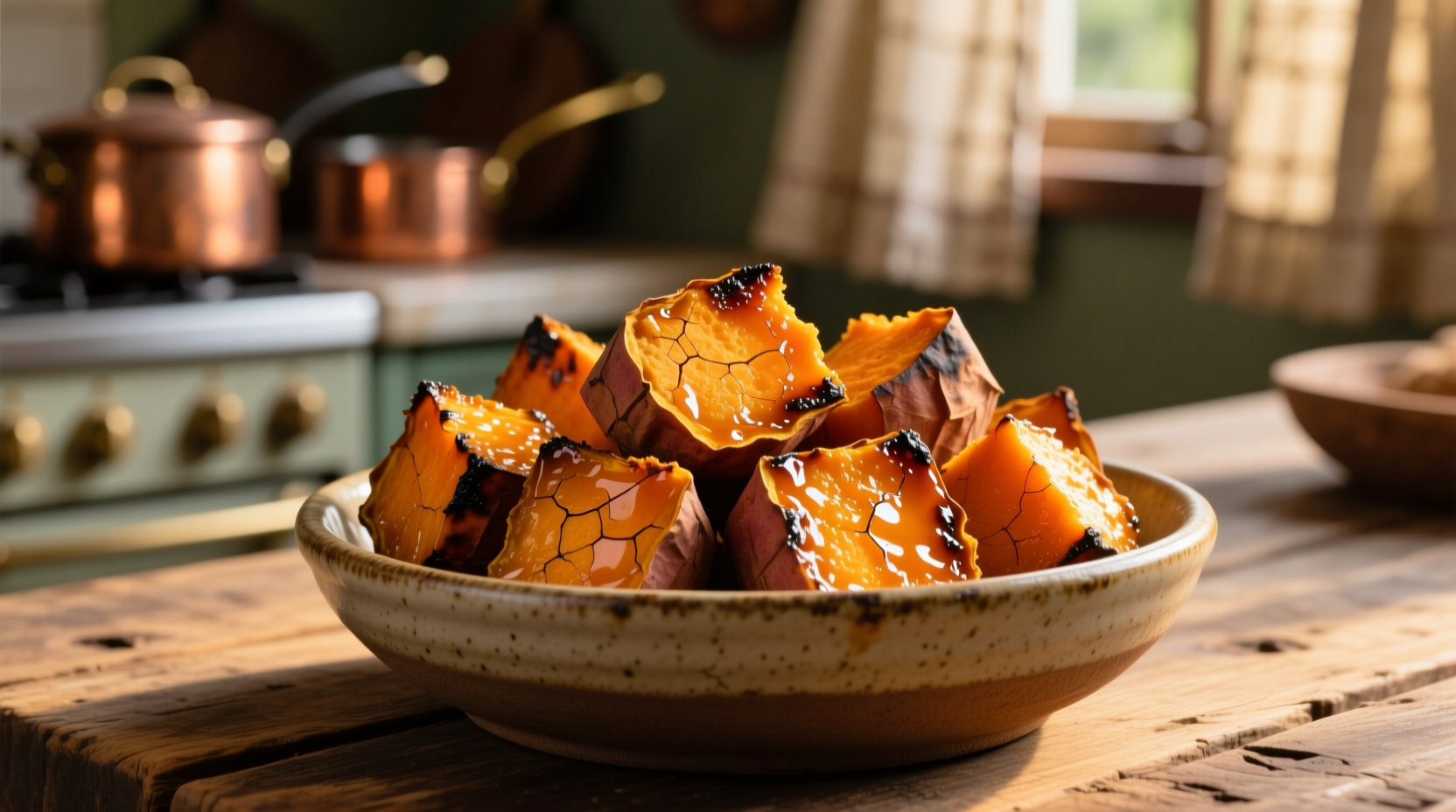 Golden roasted sweet potato cubes with crispy edges