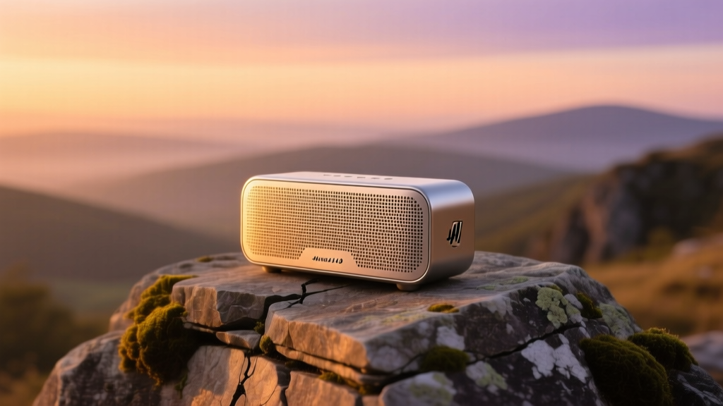Premium aluminum portable Bluetooth speaker resting on a rugged outdoor rock formation with warm sunset lighting highlighting the acoustic grille