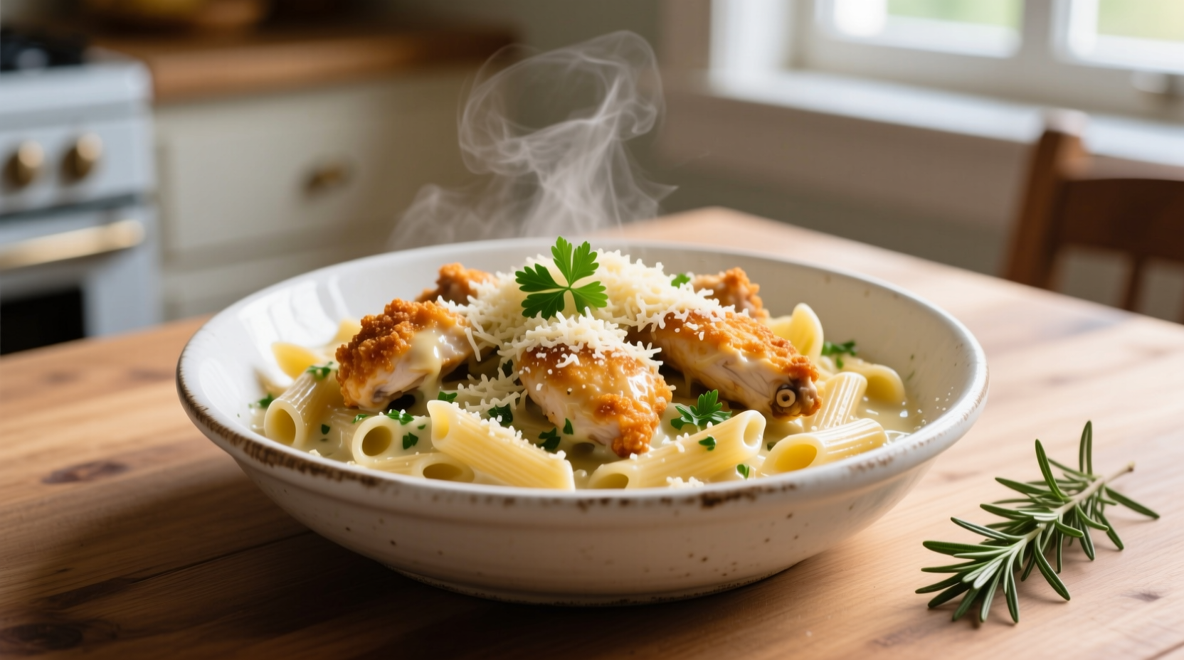 Homemade parmesan garlic chicken pasta in white bowl