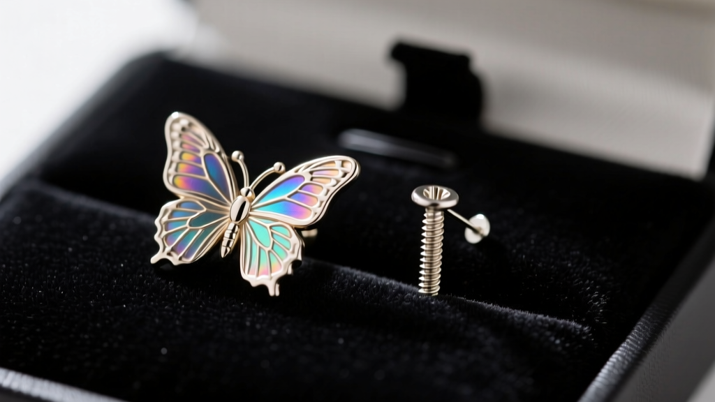 Close-up comparing a butterfly friction earring back next to a clean threaded screw-back earring post resting on a dark velvet pad.