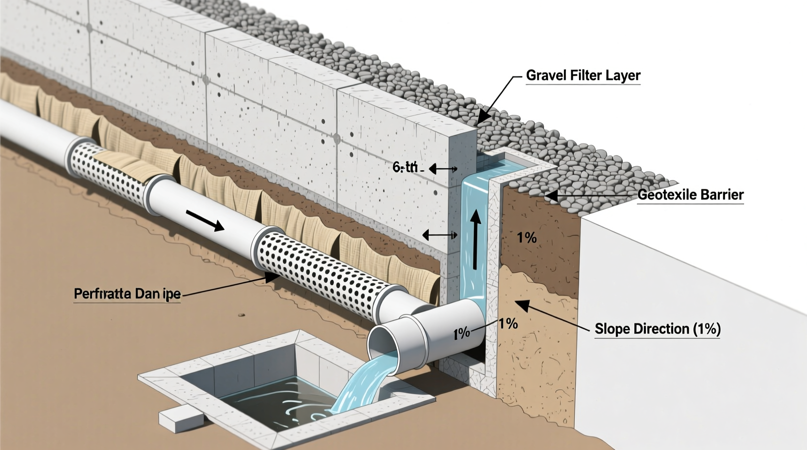 DIY retaining wall drainage system diagram with gravel and pipe
