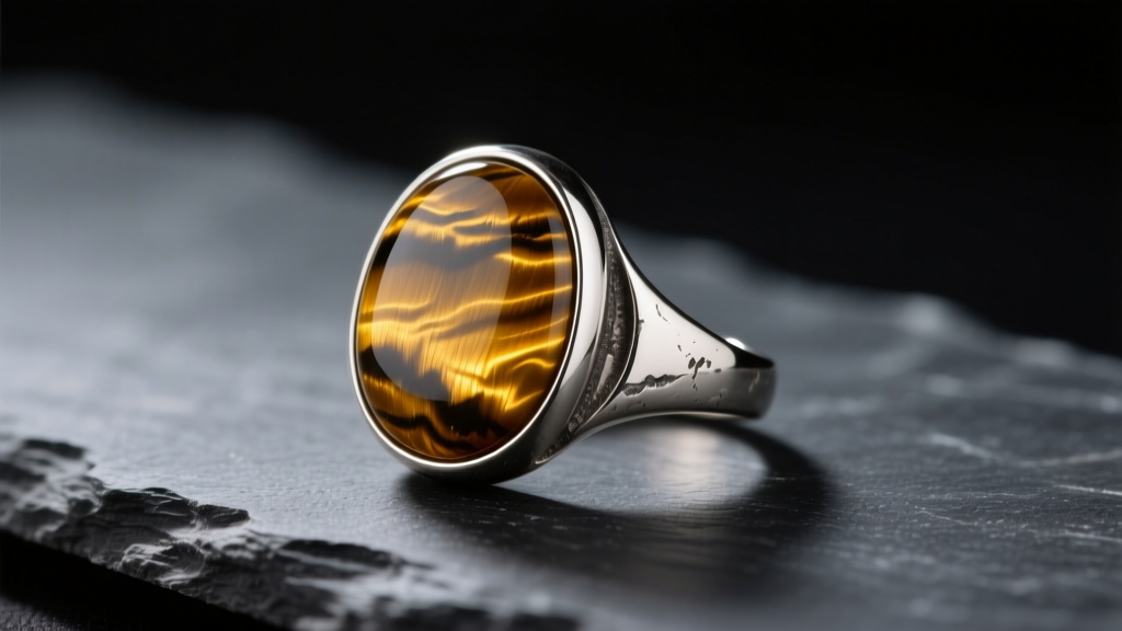 Polished tiger eye cabochon ring in oxidized silver on dark slate, with soft lighting highlighting its golden chatoyant bands.