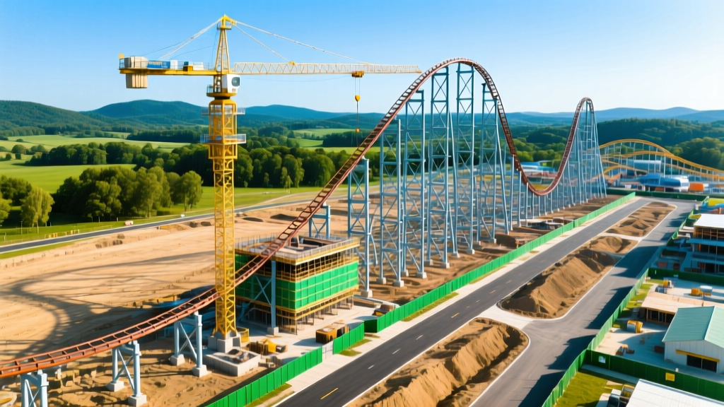 Aerial view of a sprawling regional amusement park under construction with steel roller coaster tracks being hoisted into place by tower cranes
