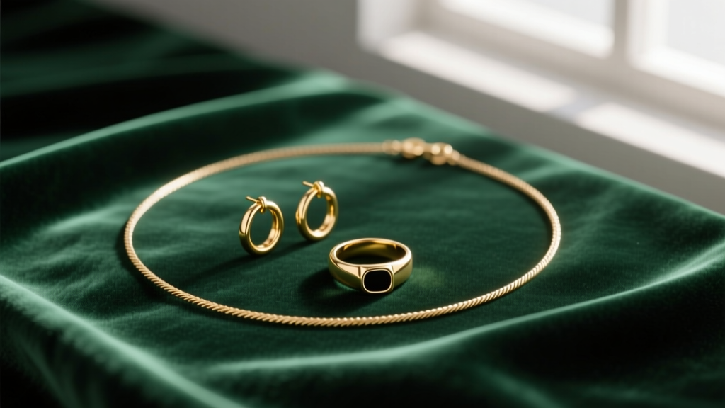 Flat lay of a jewelry box with a 1.2mm cable chain necklace, gold hoops, and a signet ring resting on dark green velvet fabric