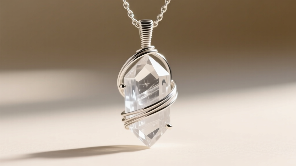 Macro shot of a raw double-terminated Herkimer quartz crystal in a sterling silver wire-wrapped pendant under soft natural light