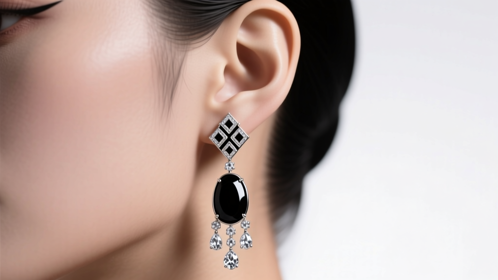 Close-up of an earlobe wearing long Art Deco flapper earrings with black onyx and diamond drops under soft studio lighting.