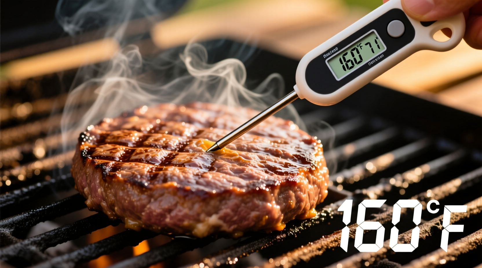 Hamburger on grill showing proper thermometer placement