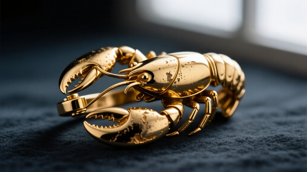 Macro shot of a jewelry lobster clasp showing slight wear on the gold plating, revealing the brass base metal against dark slate.