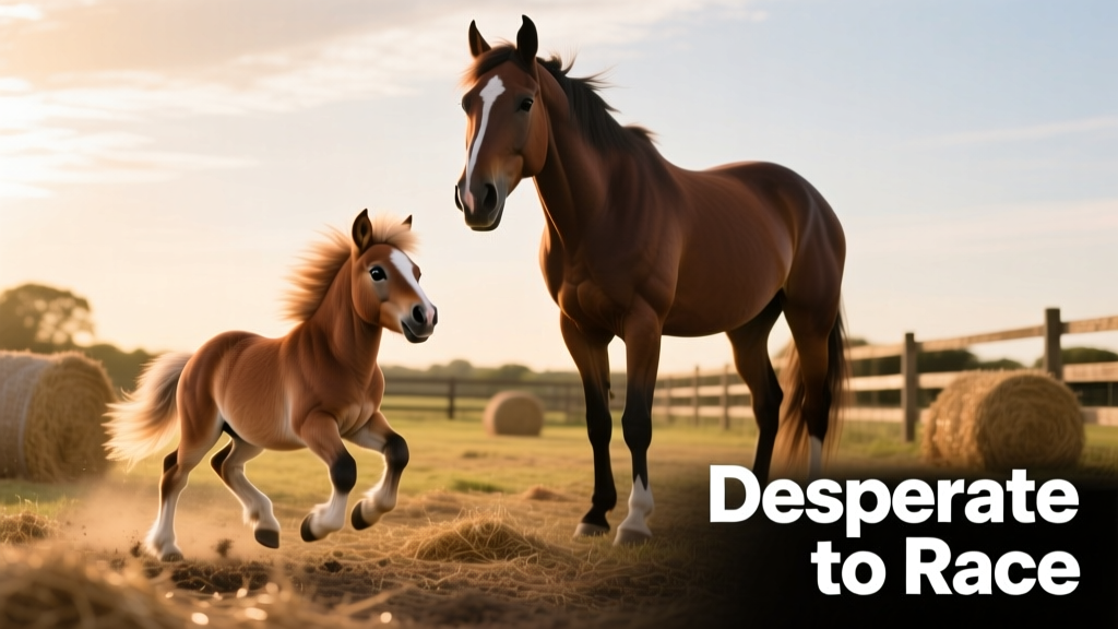 Side-by-side comparison showing Ozzy beside a standard-sized horse, highlighting his compact build and energetic stance