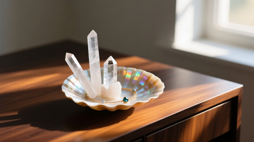 Capiz shell jewelry holder with selenite wands and quartz points, lit by soft natural morning light on a dark wooden desk.