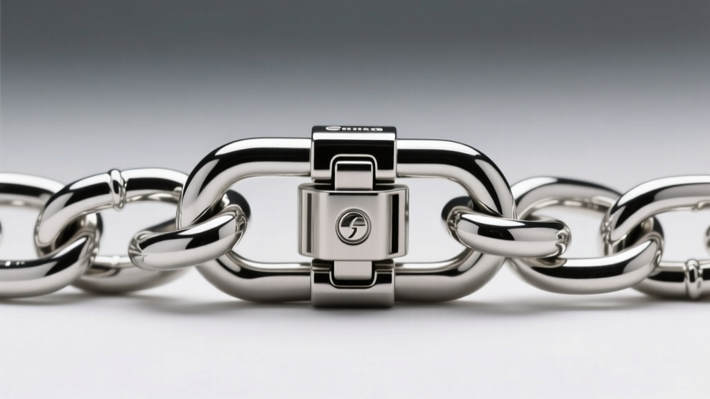 Macro shot of a heavy-duty box clasp with a safety catch, securely attached to a thick 6mm sterling silver curb chain link.