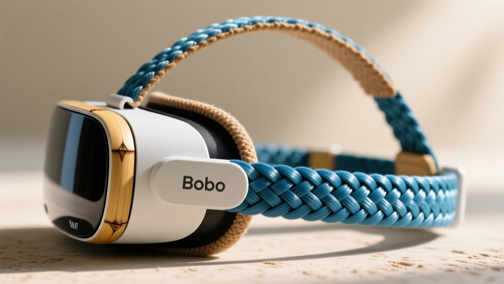 Close-up of a BoboVR head strap woven from recycled ocean-bound PET plastics attached to a virtual reality headset with bamboo fiber face gaskets