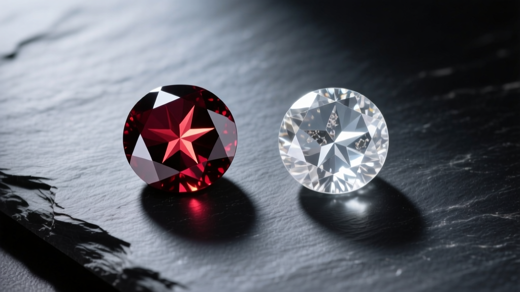 Gemological comparison of opaque Indian star garnet and translucent Idaho star garnet resting on dark slate surface, top view.