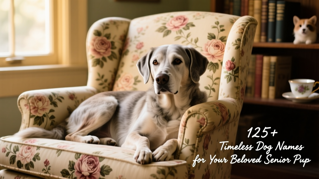 A gentle senior dog with soft gray muzzle resting peacefully on a floral-patterned armchair