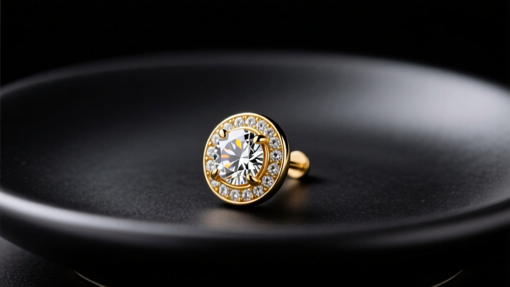 Close-up of a 14k gold bezel-set lab-grown diamond stud earring resting on a matte black ceramic dish, soft directional lighting