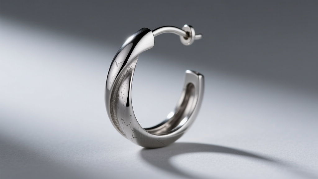 Macro shot of a brushed titanium creole earring on a gray backdrop, showing its matte finish and lightweight structural profile.
