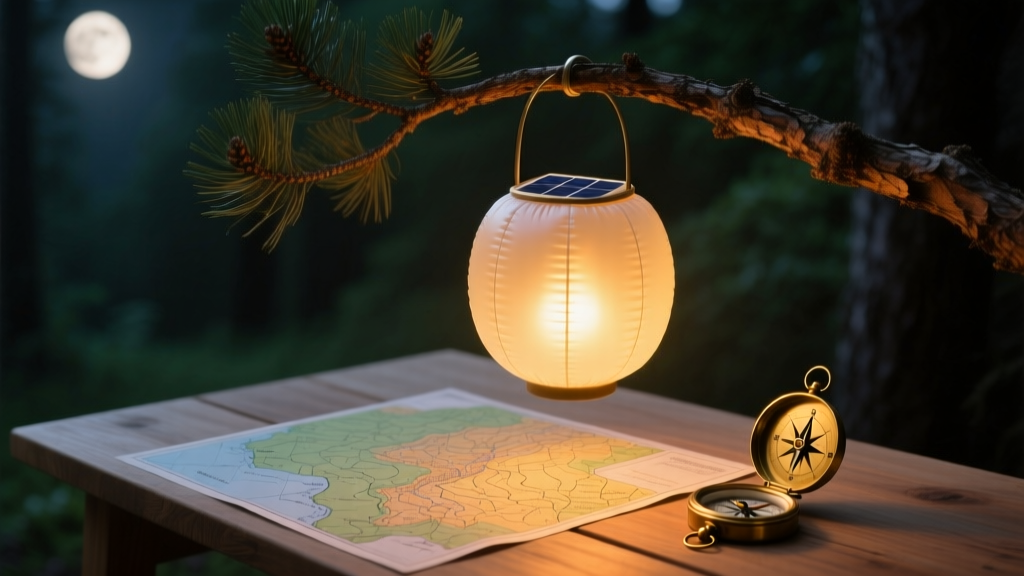 Inflatable solar lantern hanging from a pine branch, illuminating a topographic map and brass compass on a wooden table at night.