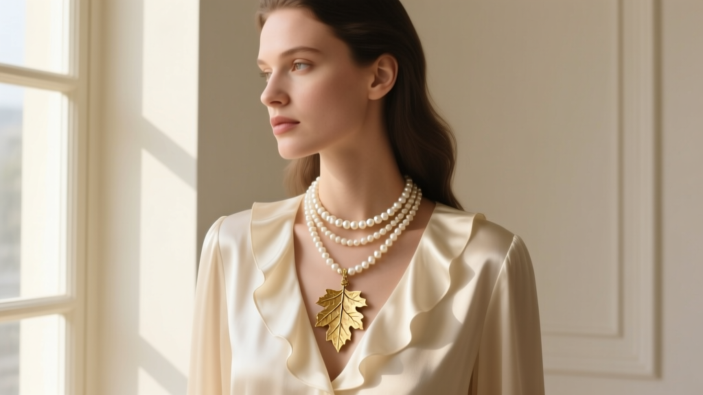 Model wearing layered vintage jewelry featuring a 14k gold oak leaf pendant and a pearl choker against a cream silk blouse.