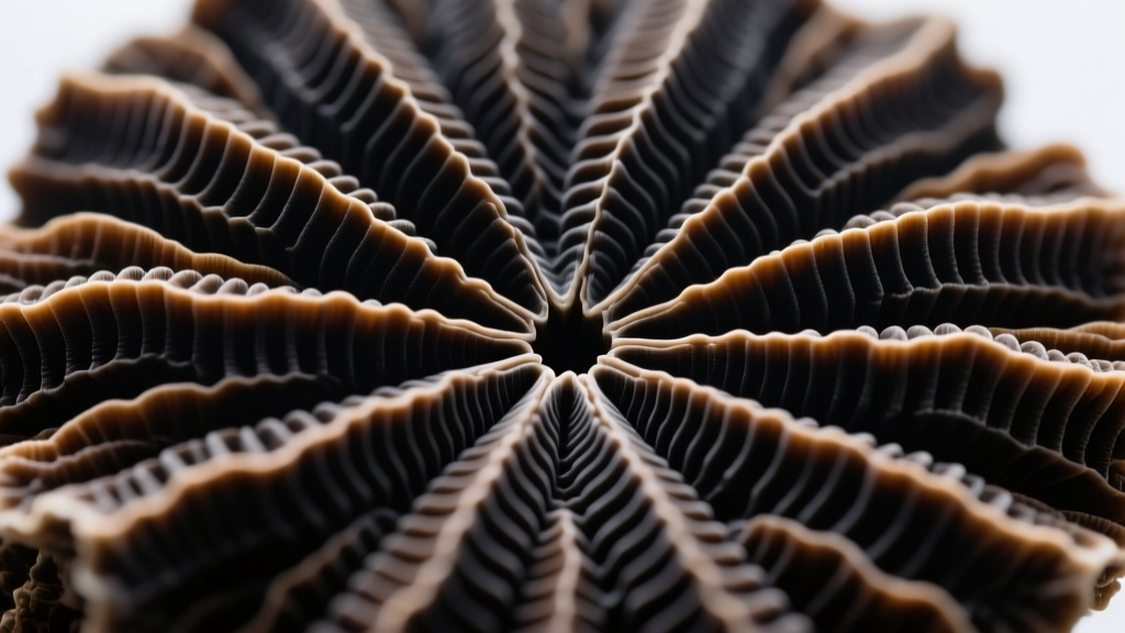 Raw black coral cross-section showing concentric protein layers and a dark brown to jet black gradient under macro magnification.