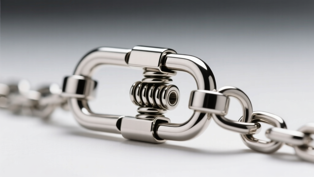 Side profile of a 4mm silver Figaro chain clasp, showing the internal spring tension of a heavy-duty lobster clasp in sharp focus