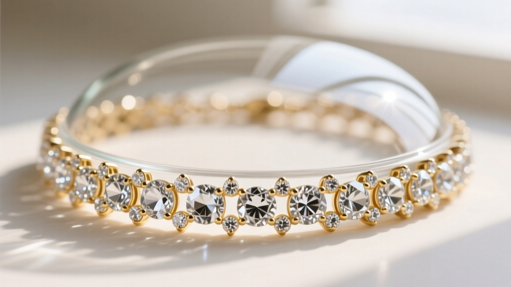 Extreme close-up of crystal pavé on a designer necklace, revealing the micro-prong settings and clear epoxy adhesive under glass.