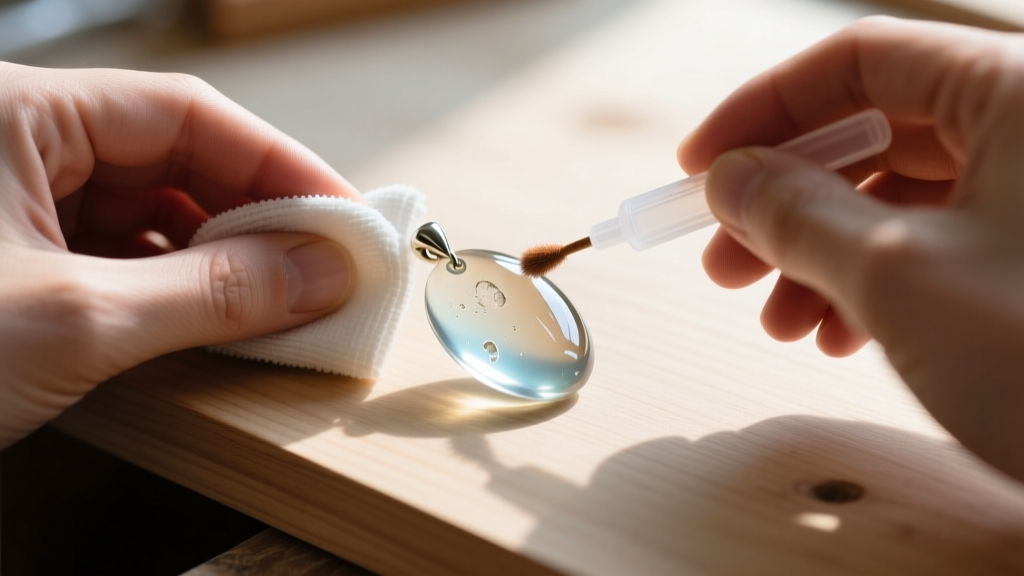 Hands using a microfiber cloth and plastic polish to buff a cloudy UV resin pendant to a high-gloss finish on a wooden workbench