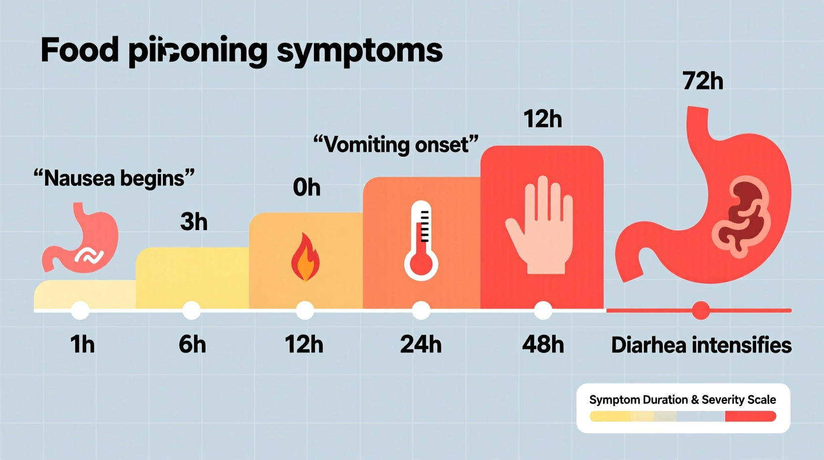 Timeline showing food poisoning symptom progression