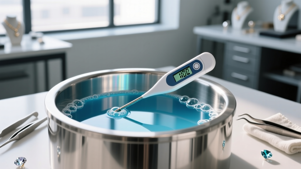 Digital thermometer measuring a mild blue surfactant inside a steel sonic jewelry cleaner tank on a jeweler's workbench
