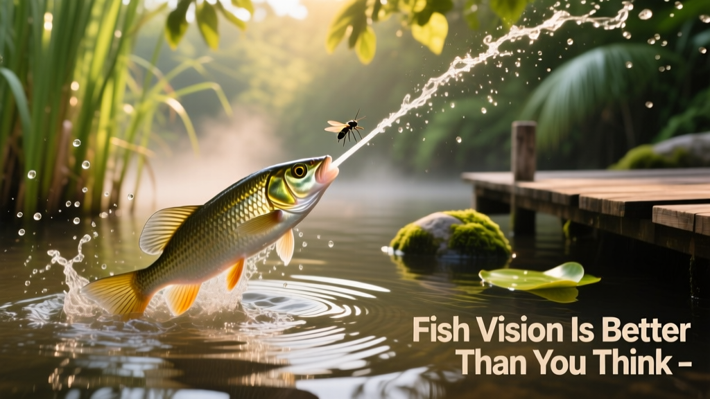 Archerfish mid-spray, aiming a precise water jet at an insect above the water surface