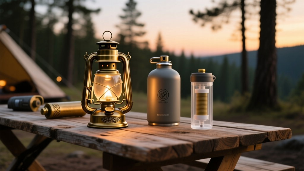 Wooden camp table at dusk displaying unique camping gadgets, including a brass lantern, reusable propane growler, and water purifier.