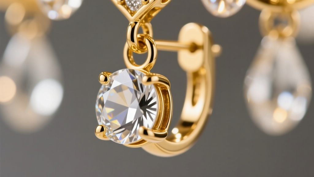 Macro shot of gold vermeil chandelier earring prongs securing a clear crystal, highlighting metal texture and setting thickness