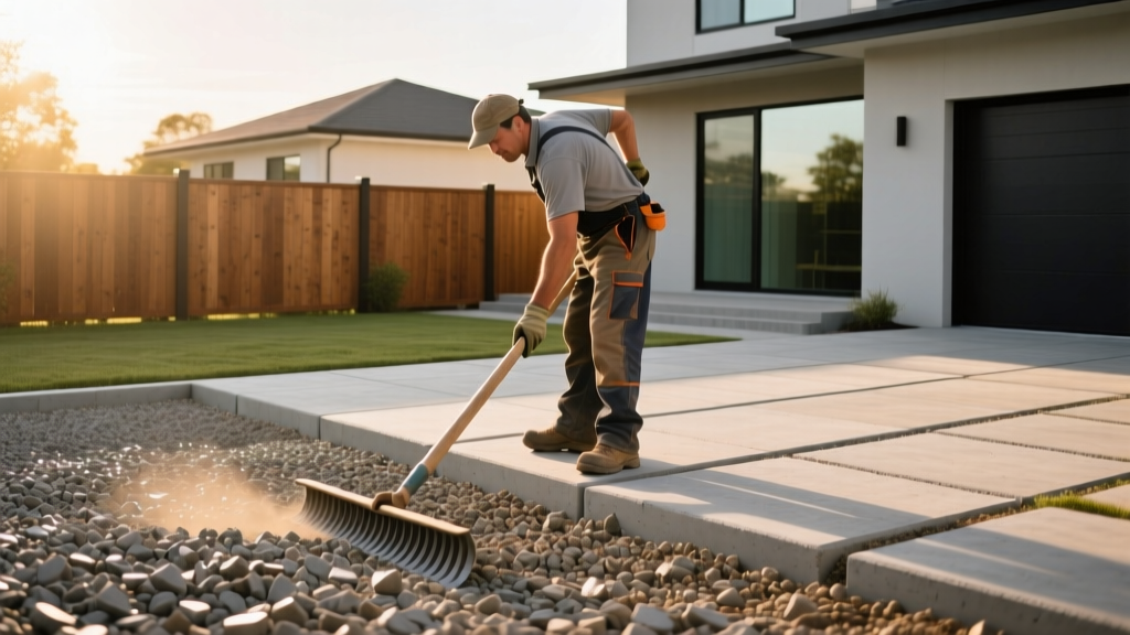 Landscaper leveling a crushed gravel base for a new concrete paver patio next to a modern suburban home with wooden fencing