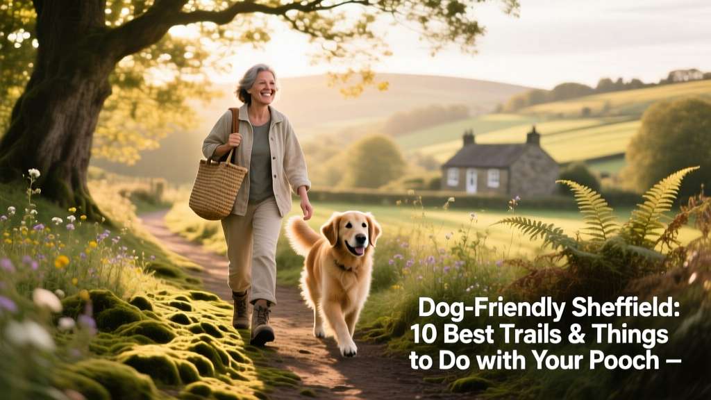A person hiking with their dog along a leafy, sun-dappled trail in Sheffield's countryside