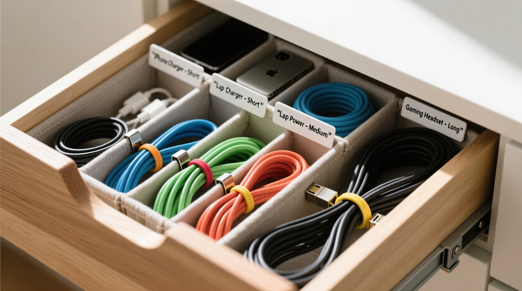 how to organize cables by length and device in one drawer