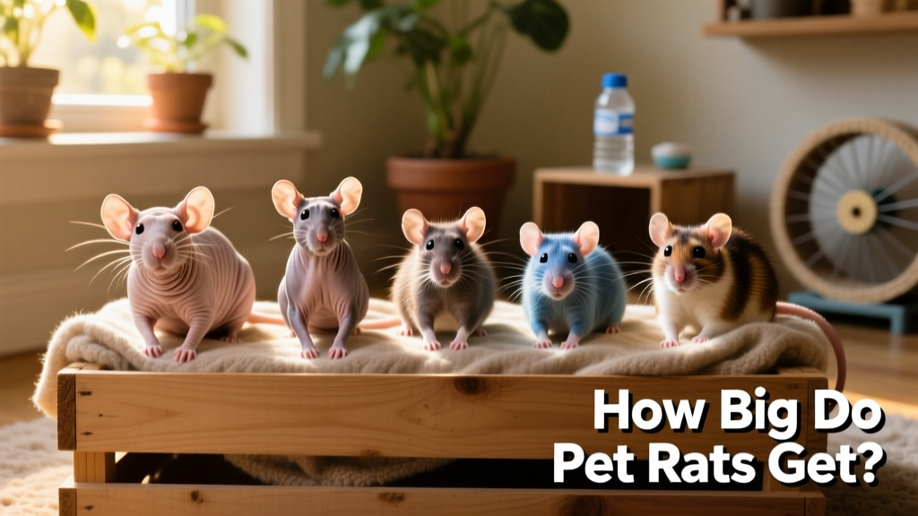 Side-by-side comparison of different pet rat varieties showing size and coat variations