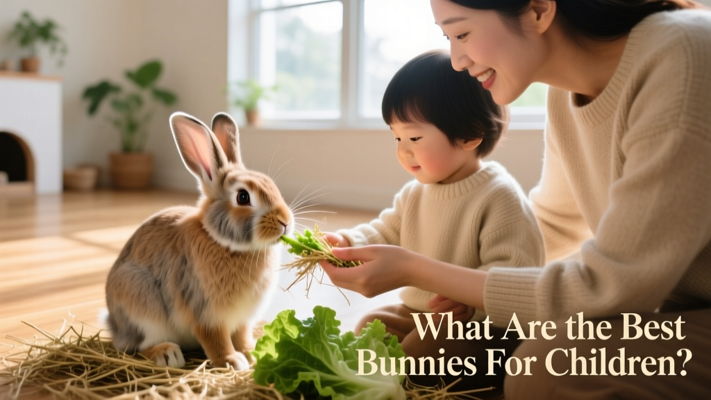 A parent and child gently offering hay and fresh greens to a relaxed rabbit in a spacious, clean enclosure