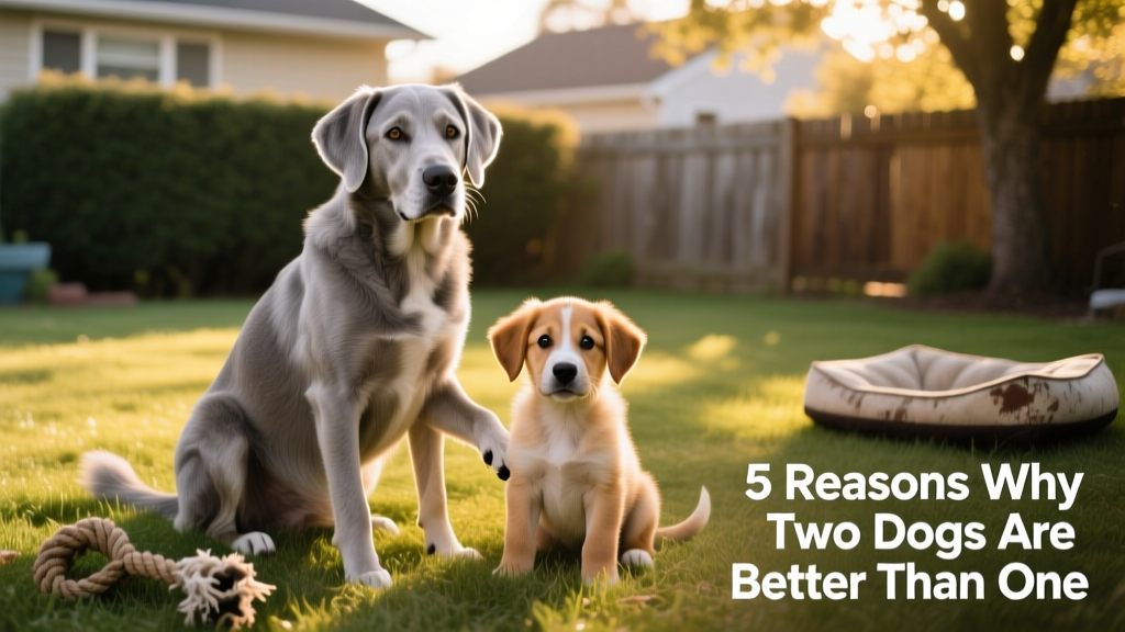 A calm, mature dog sitting beside a curious puppy in a grassy yard