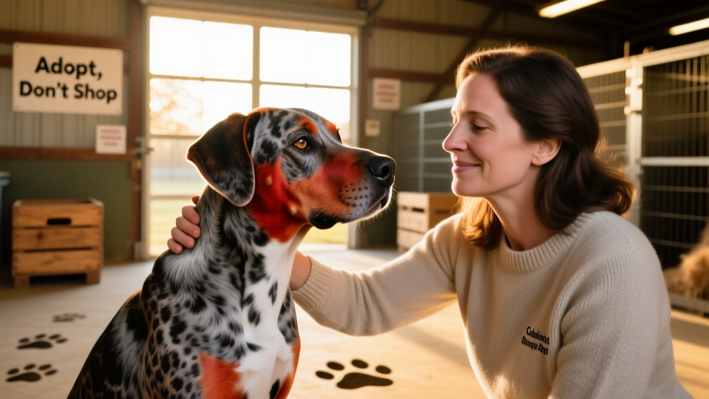 A shelter volunteer gently petting a Catahoula Leopard Dog during a meet-and-greet session