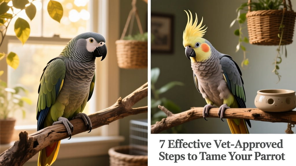 Side-by-side illustrations showing calm versus stressed parrot body language: one relaxed with smooth feathers, another with pinned eyes and flared tail