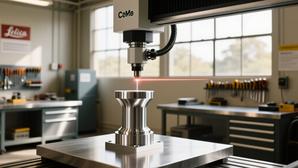 Coordinate measuring machine inspecting a CNC-machined 7075 aluminum suspension upright prototype in a Savannah machine shop