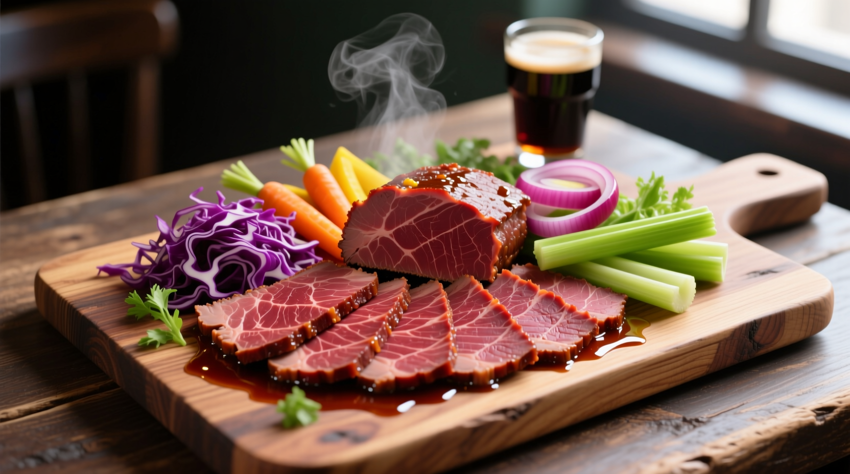 Sliced corned beef with vegetables on platter